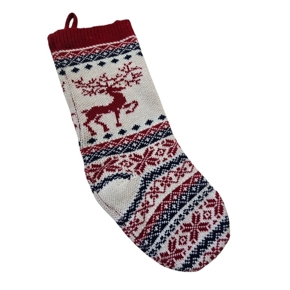 Fair Isle Knitted Christmas Stocking Nordic Deer Red Cream Holiday Christmas